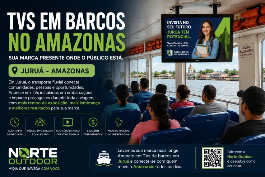 TVs em Barcos no Amazonas: anuncie em Juru&aacute; e alcance passageiros todos os dias
